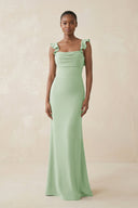 Ruffled Sleeve Sheath Satin Bridesmaid Dress in Sage - SHE IS ME Bridesmaid Dresses