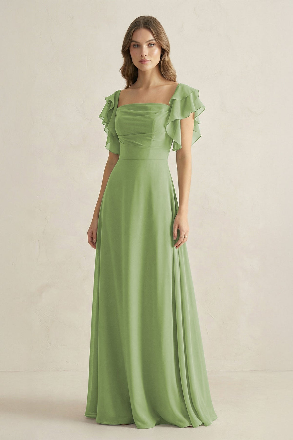 Ruffled Sleeves A-Line Chiffon Bridesmaid Dress in Matcha - SHE IS ME BRIDESMAID DRESSES