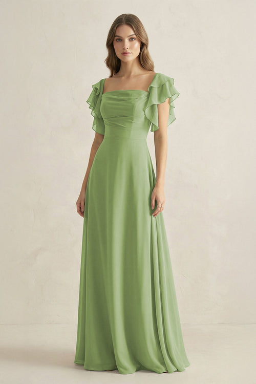 Ruffled Sleeves A-Line Chiffon Bridesmaid Dress in Matcha - SHE IS ME BRIDESMAID DRESSES