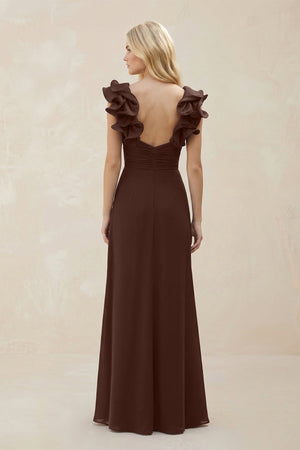 Ruffled Sleeves A - Line Chiffon Sweetheart Bridesmaid Dress in Espresso - SHE IS ME Bridesmaid Dresses