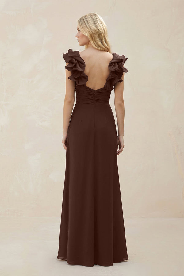 Ruffled Sleeves A - Line Chiffon Sweetheart Bridesmaid Dress in Espresso - SHE IS ME Bridesmaid Dresses