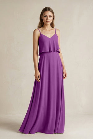 Ruffled Spaghetti Strap A - Line Chiffon Bridesmaid Dress in Amethyst - SHE IS ME Bridesmaid Dresses