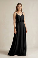 Ruffled Spaghetti Strap A - Line Chiffon Bridesmaid Dress in Black - SHE IS ME Bridesmaid Dresses