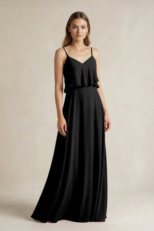 Ruffled Spaghetti Strap A - Line Chiffon Bridesmaid Dress in Black - SHE IS ME Bridesmaid Dresses