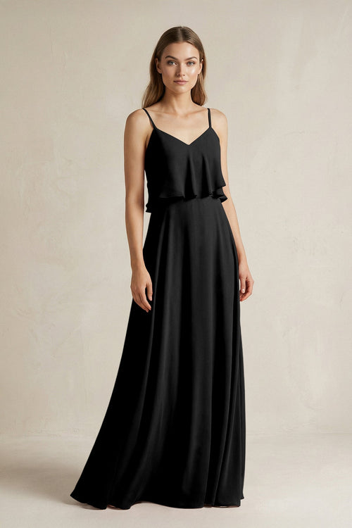 Ruffled Spaghetti Strap A - Line Chiffon Bridesmaid Dress in Black - SHE IS ME Bridesmaid Dresses