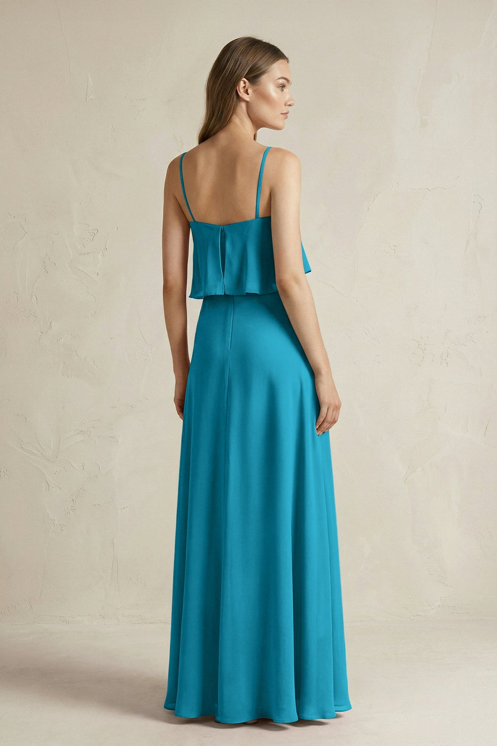 Ruffled Spaghetti Strap A - Line Chiffon Bridesmaid Dress in Blue Jay - SHE IS ME Bridesmaid Dresses