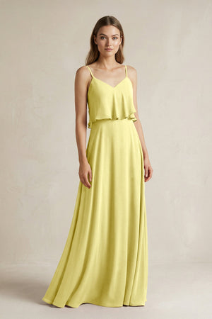Ruffled Spaghetti Strap A - Line Chiffon Bridesmaid Dress in Buttercup - SHE IS ME Bridesmaid Dresses