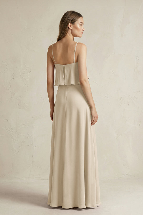 Ruffled Spaghetti Strap A - Line Chiffon Bridesmaid Dress in Champagne - SHE IS ME Bridesmaid Dresses