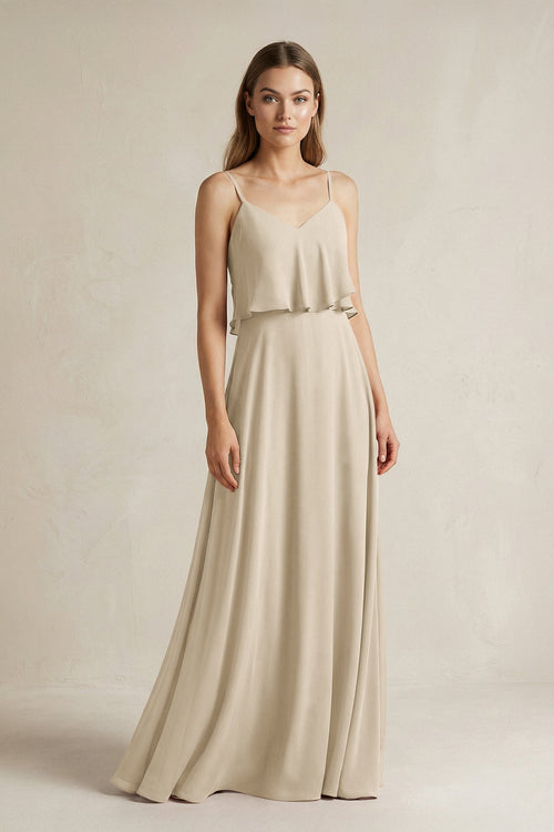 Ruffled Spaghetti Strap A - Line Chiffon Bridesmaid Dress in Champagne - SHE IS ME Bridesmaid Dresses
