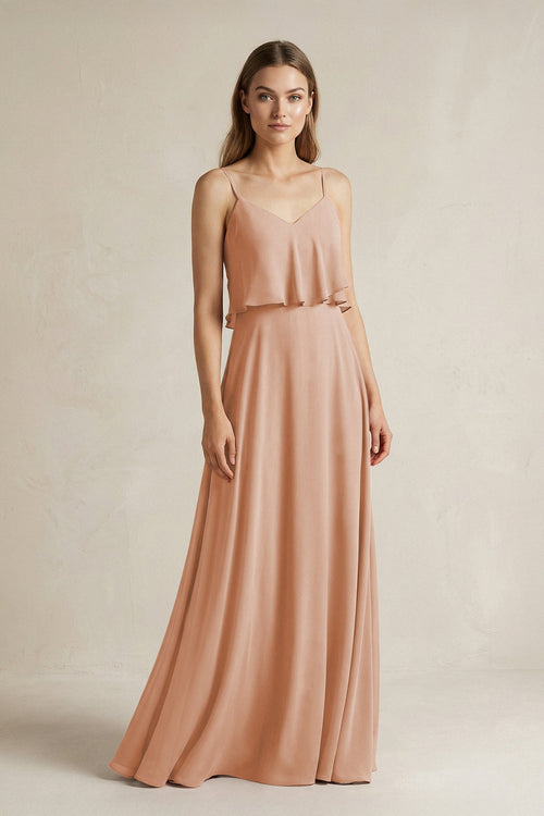 Ruffled Spaghetti Strap A - Line Chiffon Bridesmaid Dress in Champagne Rose - SHE IS ME Bridesmaid Dresses