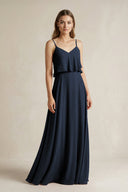 Ruffled Spaghetti Strap A - Line Chiffon Bridesmaid Dress in Dark Navy - SHE IS ME Bridesmaid Dresses