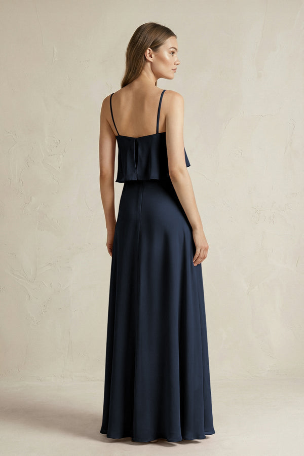 Ruffled Spaghetti Strap A - Line Chiffon Bridesmaid Dress in Dark Navy - SHE IS ME Bridesmaid Dresses