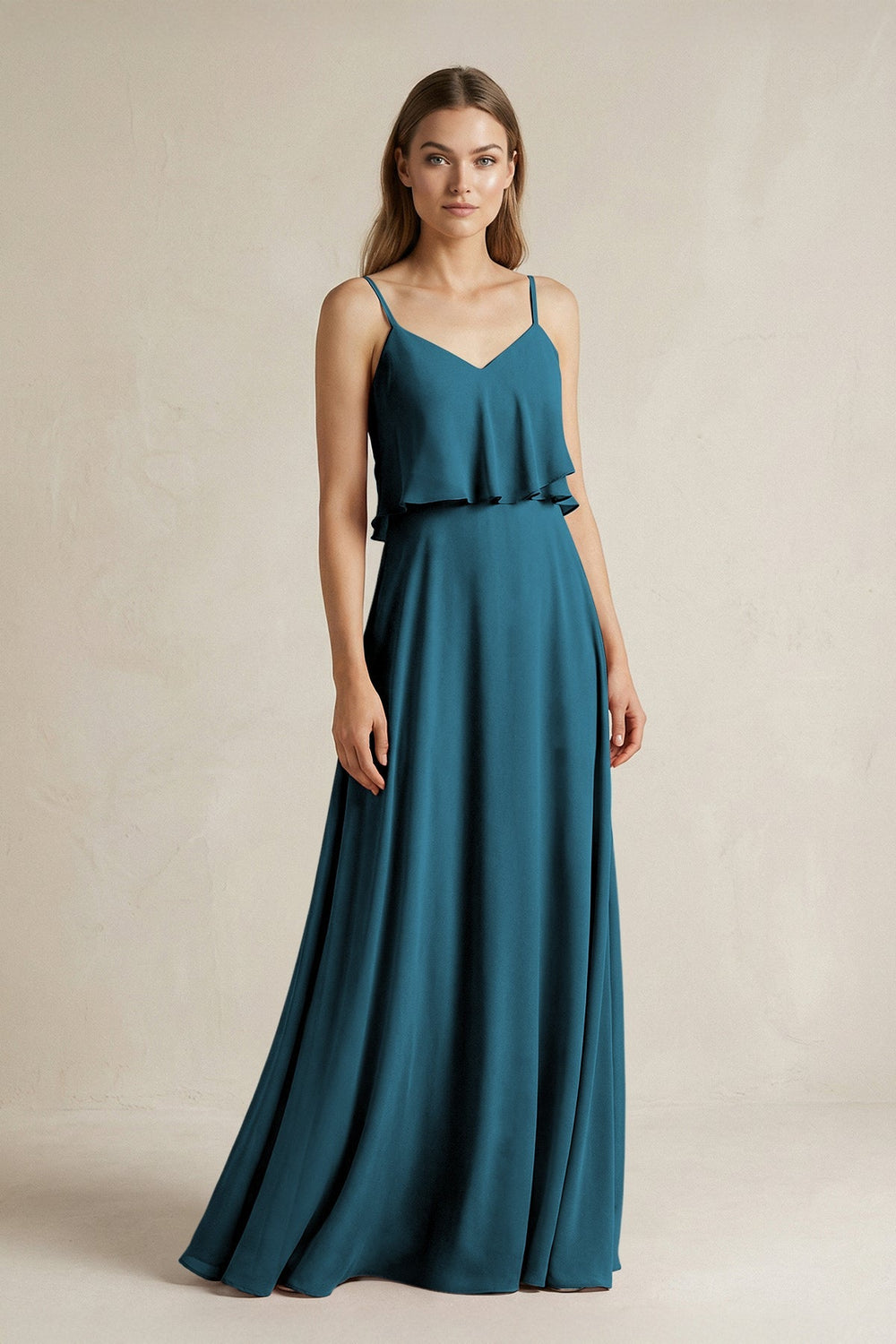 Ruffled Spaghetti Strap A - Line Chiffon Bridesmaid Dress in Dark Teal - SHE IS ME Bridesmaid Dresses