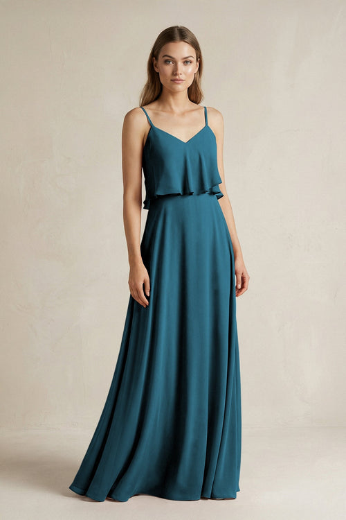 Ruffled Spaghetti Strap A - Line Chiffon Bridesmaid Dress in Dark Teal - SHE IS ME Bridesmaid Dresses