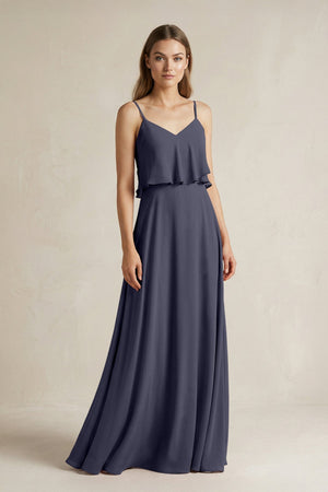 Ruffled Spaghetti Strap A - Line Chiffon Bridesmaid Dress in Dusk Blue - SHE IS ME Bridesmaid Dresses