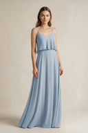 Ruffled Spaghetti Strap A - Line Chiffon Bridesmaid Dress in Dusty Blue - SHE IS ME Bridesmaid Dresses