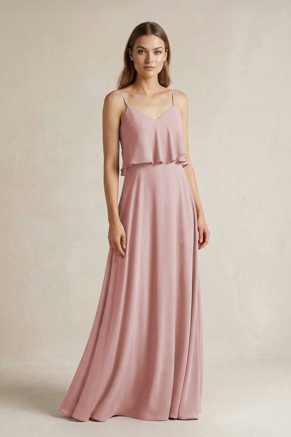 Ruffled Spaghetti Strap A - Line Chiffon Bridesmaid Dress in Dusty Rose - SHE IS ME Bridesmaid Dresses