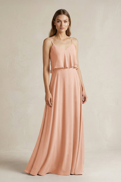 Ruffled Spaghetti Strap A - Line Chiffon Bridesmaid Dress in English Rose - SHE IS ME Bridesmaid Dresses