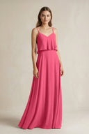 Ruffled Spaghetti Strap A - Line Chiffon Bridesmaid Dress in Fuchsia - SHE IS ME Bridesmaid Dresses
