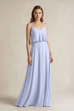 Ruffled Spaghetti Strap A - Line Chiffon Bridesmaid Dress in Ice - SHE IS ME Bridesmaid Dresses