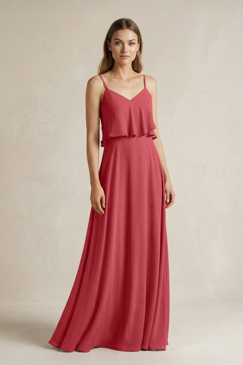 Ruffled Spaghetti Strap A - Line Chiffon Bridesmaid Dress in Merlot - SHE IS ME Bridesmaid Dresses