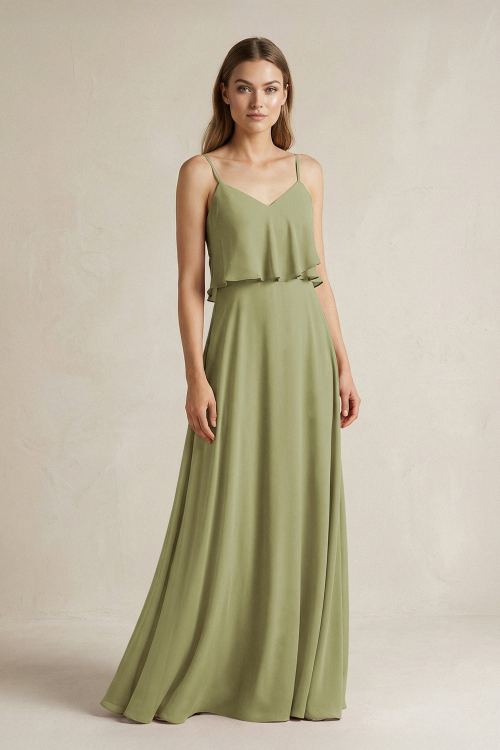 Ruffled Spaghetti Strap A - Line Chiffon Bridesmaid Dress in Moss Green - SHE IS ME Bridesmaid Dresses