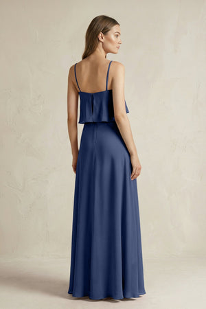 Ruffled Spaghetti Strap A - Line Chiffon Bridesmaid Dress in Navy - SHE IS ME Bridesmaid Dresses