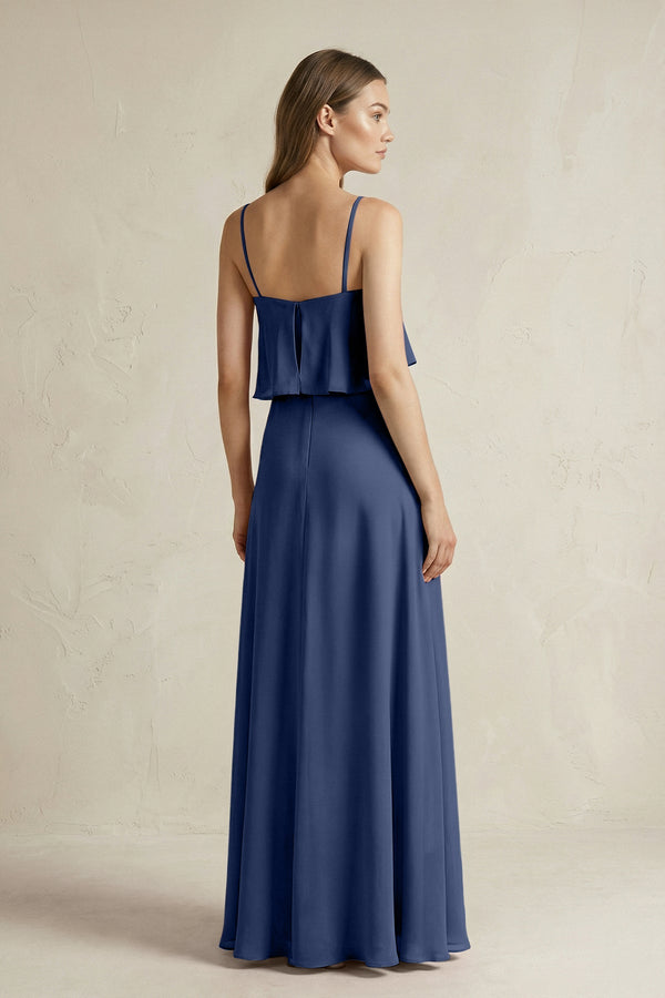 Ruffled Spaghetti Strap A - Line Chiffon Bridesmaid Dress in Navy - SHE IS ME Bridesmaid Dresses