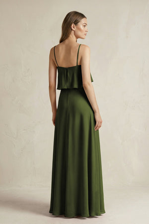 Ruffled Spaghetti Strap A - Line Chiffon Bridesmaid Dress in Olive - SHE IS ME Bridesmaid Dresses