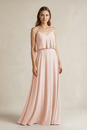 Ruffled Spaghetti Strap A - Line Chiffon Bridesmaid Dress in Pale Blush - SHE IS ME Bridesmaid Dresses
