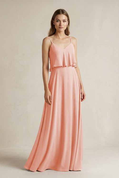 Ruffled Spaghetti Strap A - Line Chiffon Bridesmaid Dress in Rose Petal - SHE IS ME Bridesmaid Dresses