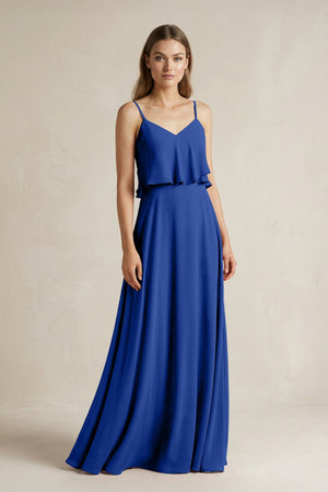 Ruffled Spaghetti Strap A - Line Chiffon Bridesmaid Dress in Royal Blue - SHE IS ME Bridesmaid Dresses