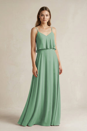 Ruffled Spaghetti Strap A - Line Chiffon Bridesmaid Dress in Sea Glass - SHE IS ME Bridesmaid Dresses