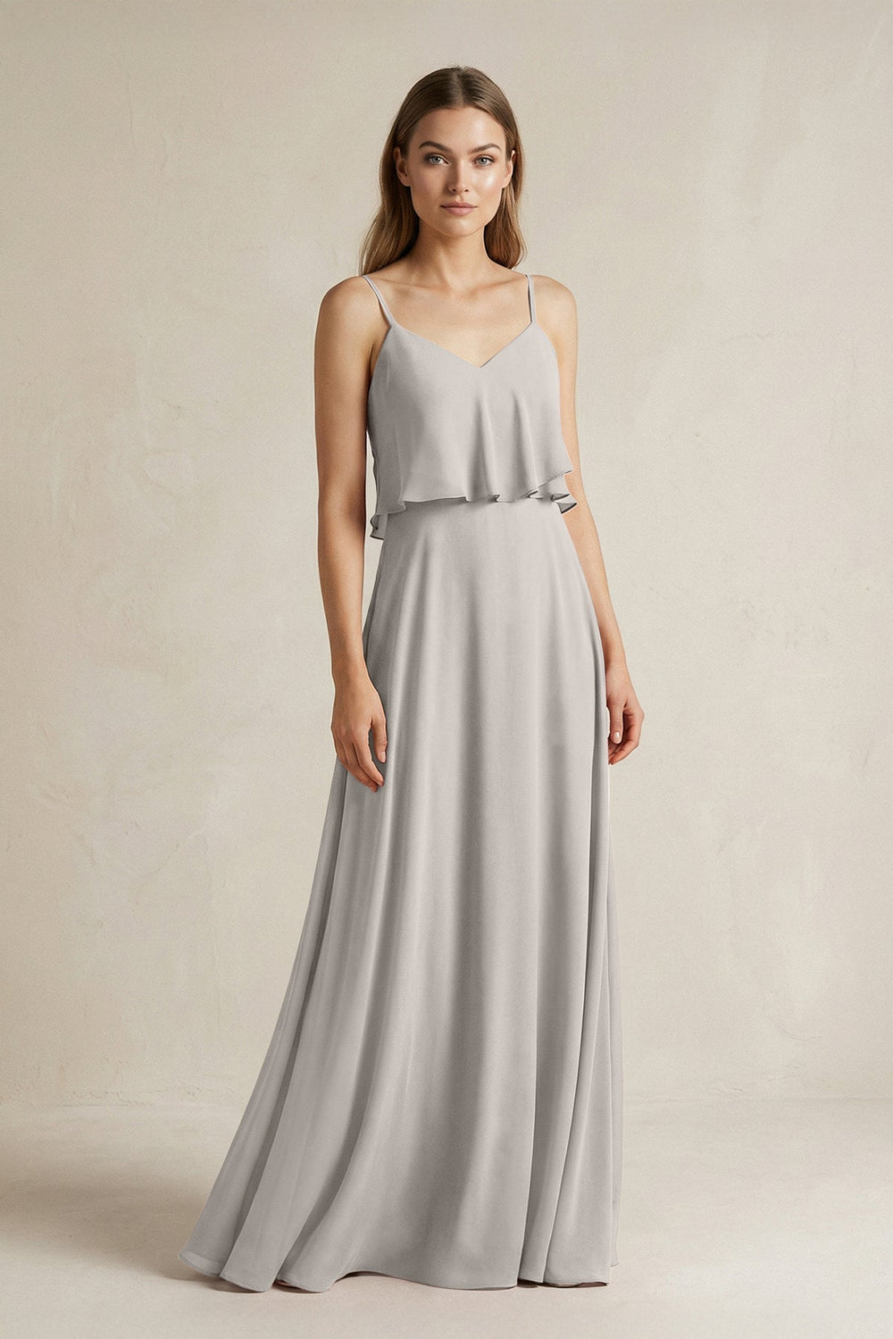 Ruffled Spaghetti Strap A - Line Chiffon Bridesmaid Dress in Silver - SHE IS ME Bridesmaid Dresses