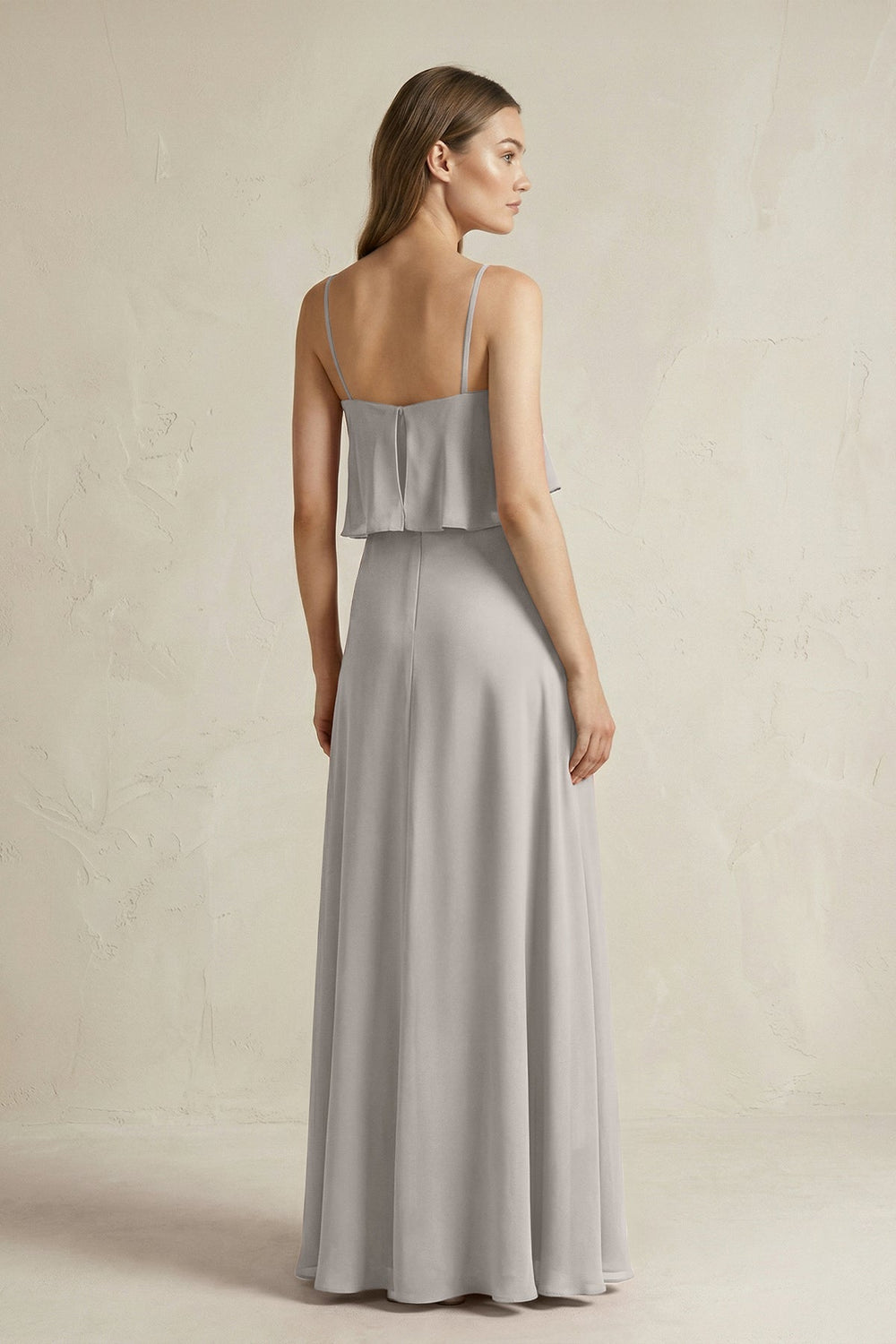 Ruffled Spaghetti Strap A - Line Chiffon Bridesmaid Dress in Silver - SHE IS ME Bridesmaid Dresses
