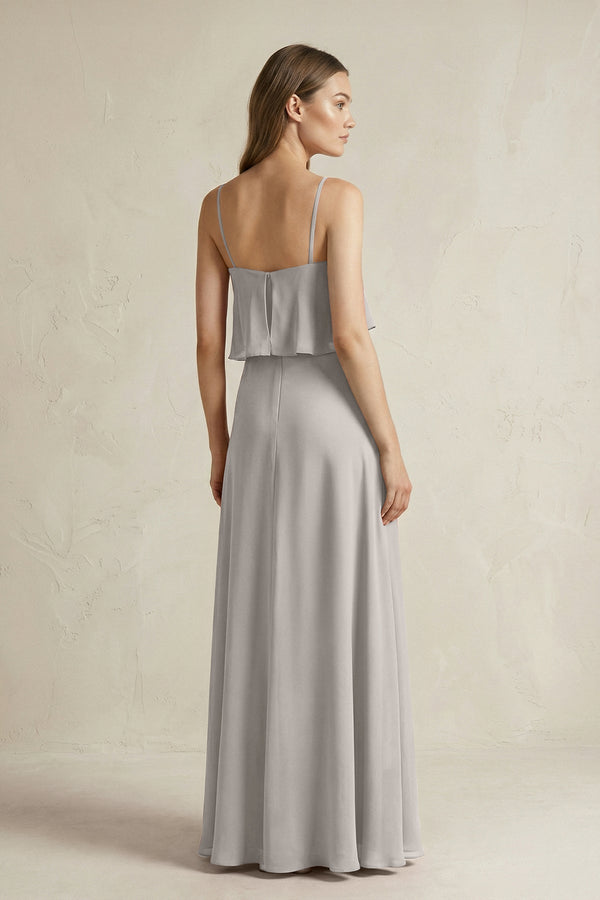 Ruffled Spaghetti Strap A - Line Chiffon Bridesmaid Dress in Silver - SHE IS ME Bridesmaid Dresses