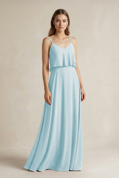 Ruffled Spaghetti Strap A - Line Chiffon Bridesmaid Dress in Sky Blue - SHE IS ME Bridesmaid Dresses