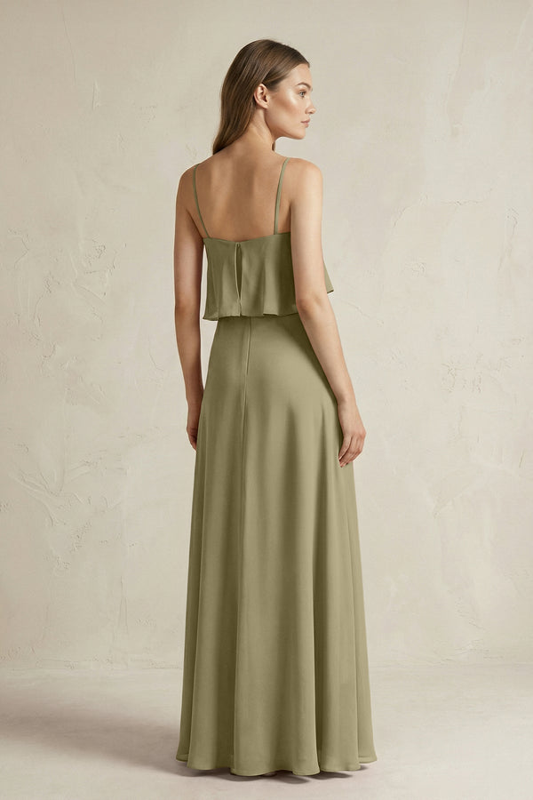 Ruffled Spaghetti Strap A - Line Chiffon Bridesmaid Dress in Thyme - SHE IS ME Bridesmaid Dresses