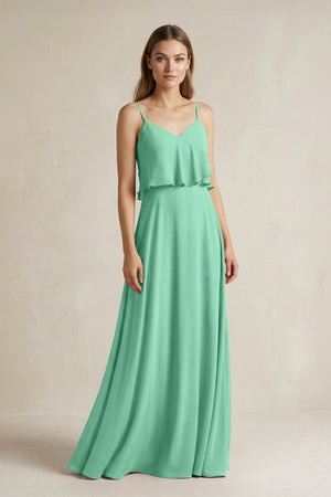 Ruffled Spaghetti Strap A - Line Chiffon Bridesmaid Dress in Turquoise - SHE IS ME Bridesmaid Dresses