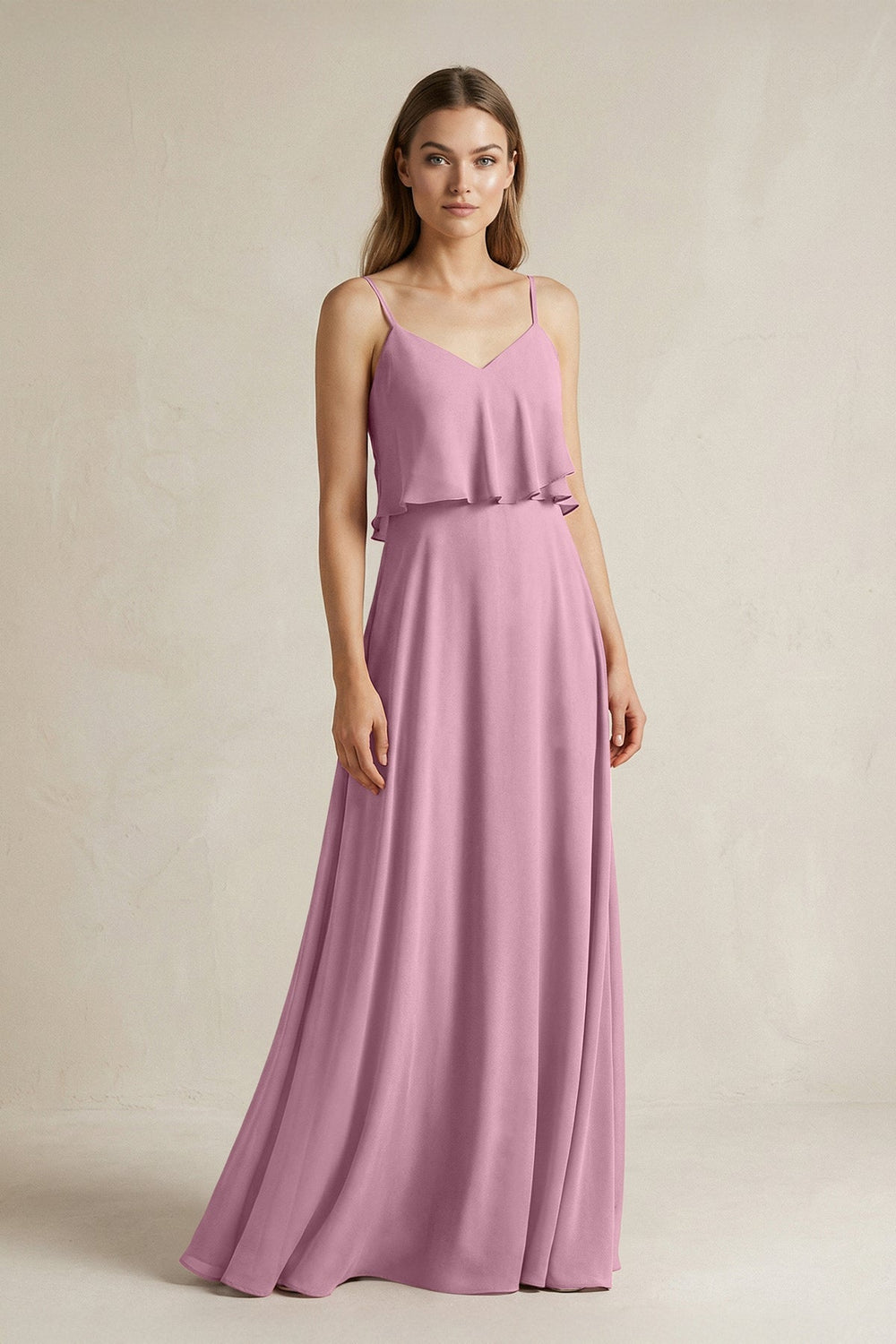 Ruffled Spaghetti Strap A - Line Chiffon Bridesmaid Dress in Vintage Mauve - SHE IS ME Bridesmaid Dresses