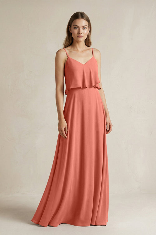 Ruffled Spaghetti Strap A - Line Chiffon Bridesmaid Dress in Wild Rose - SHE IS ME Bridesmaid Dresses