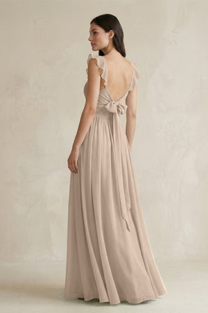 Ruffled Spaghetti Strap Chiffon A - Line Bridesmaid Dress in Almond - SHE IS ME Bridesmaid Dresses