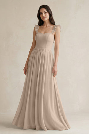 Ruffled Spaghetti Strap Chiffon A - Line Bridesmaid Dress in Almond - SHE IS ME Bridesmaid Dresses