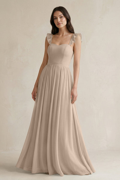 Ruffled Spaghetti Strap Chiffon A - Line Bridesmaid Dress in Almond - SHE IS ME Bridesmaid Dresses