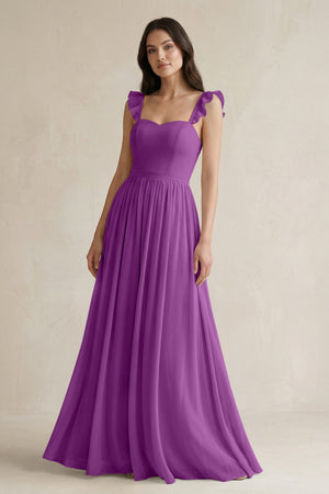 Ruffled Spaghetti Strap Chiffon A - Line Bridesmaid Dress in Amethyst - SHE IS ME Bridesmaid Dresses
