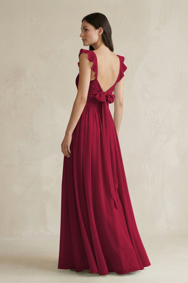 Ruffled Spaghetti Strap Chiffon A - Line Bridesmaid Dress in Berry - SHE IS ME Bridesmaid Dresses