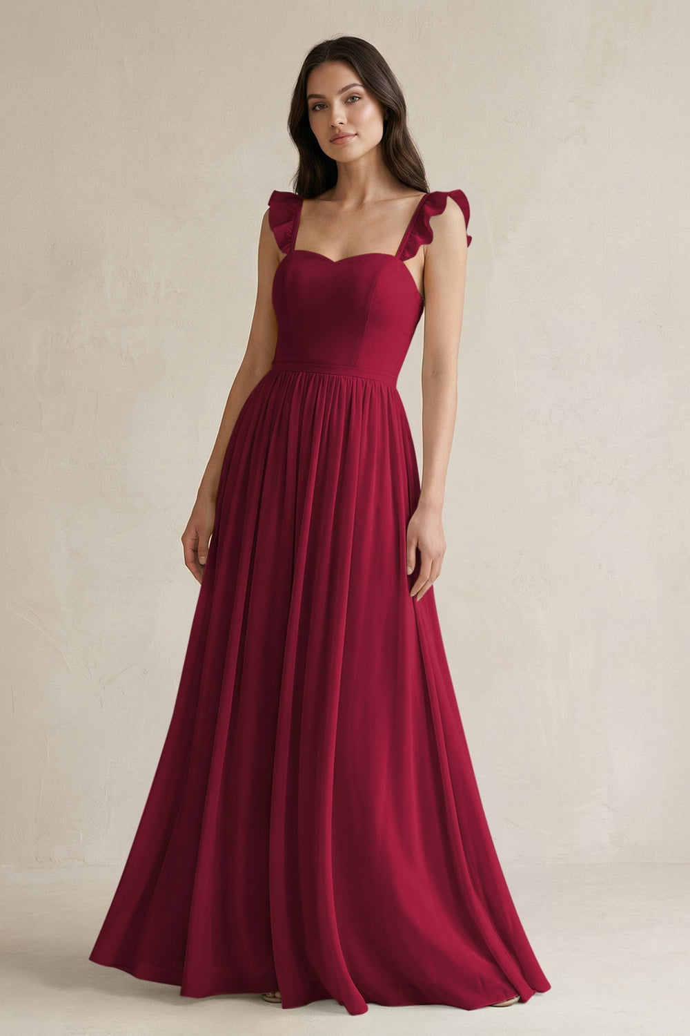 Ruffled Spaghetti Strap Chiffon A - Line Bridesmaid Dress in Berry - SHE IS ME Bridesmaid Dresses