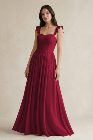 Ruffled Spaghetti Strap Chiffon A - Line Bridesmaid Dress in Berry - SHE IS ME Bridesmaid Dresses