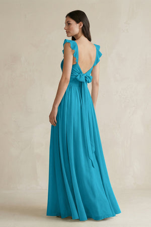 Ruffled Spaghetti Strap Chiffon A - Line Bridesmaid Dress in Blue Jay - SHE IS ME Bridesmaid Dresses