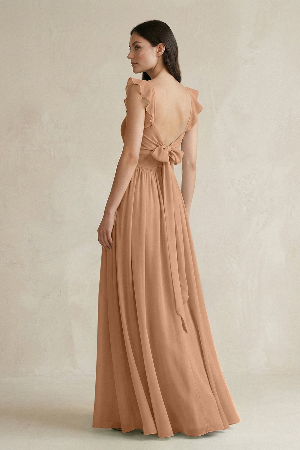 Ruffled Spaghetti Strap Chiffon A - Line Bridesmaid Dress in Bronzer - SHE IS ME Bridesmaid Dresses
